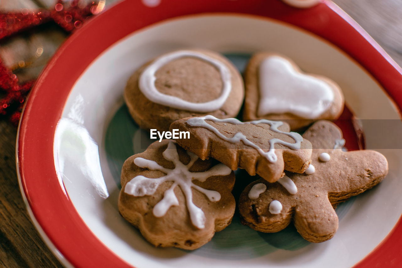 High angle view of cookies in plate on table