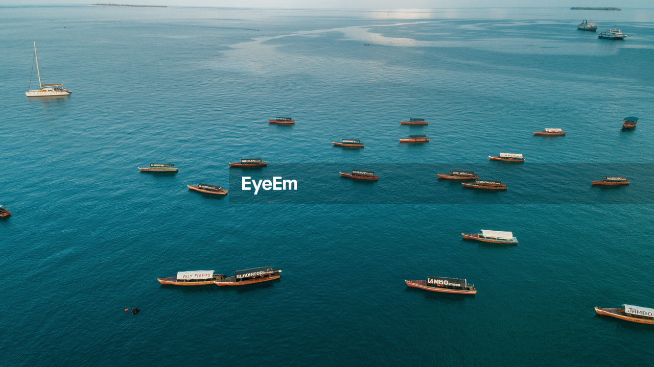 Aerial view of the boats and dhow, stone town in zanzibar