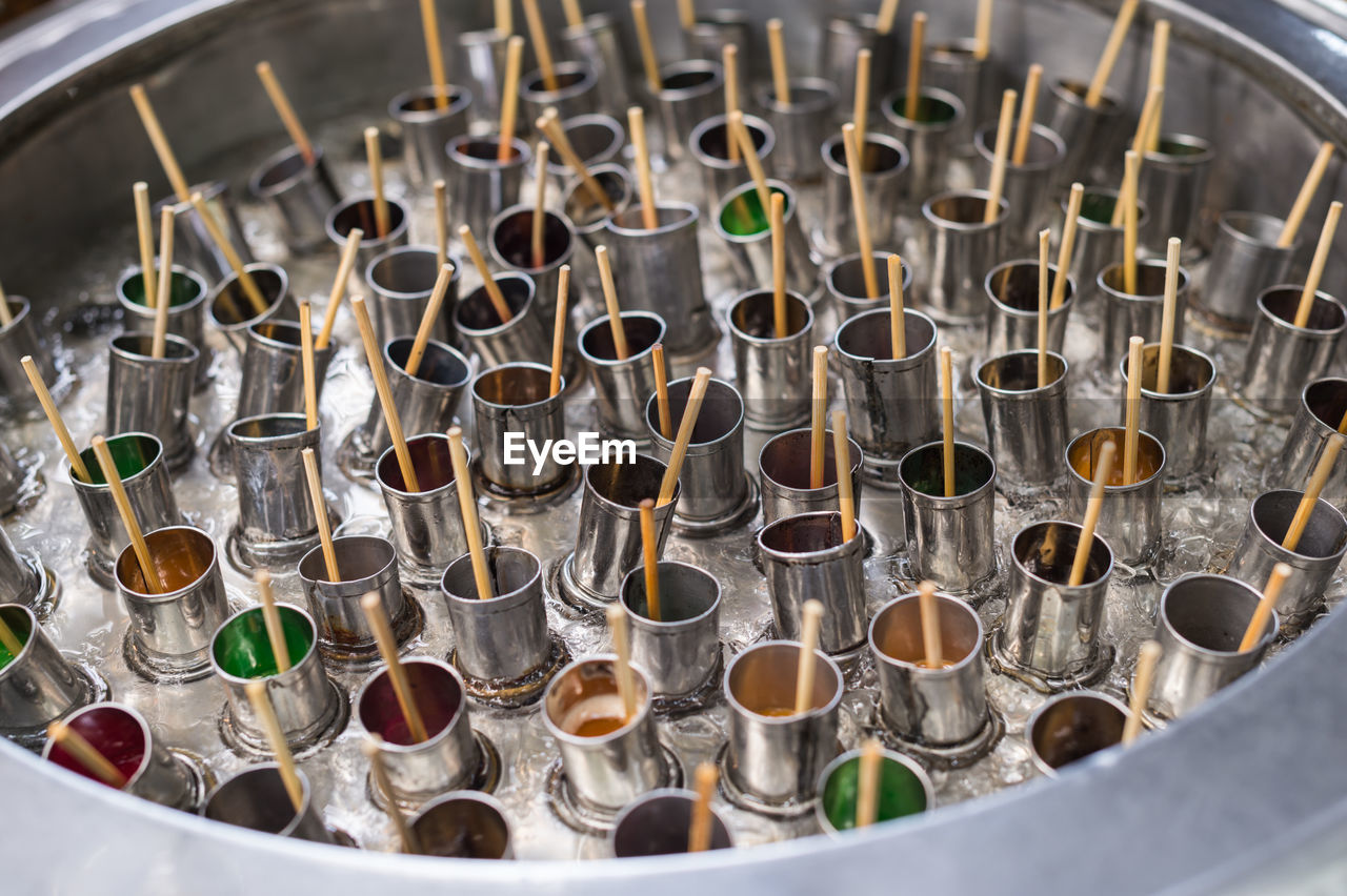 Close-up of ice creams in metal container