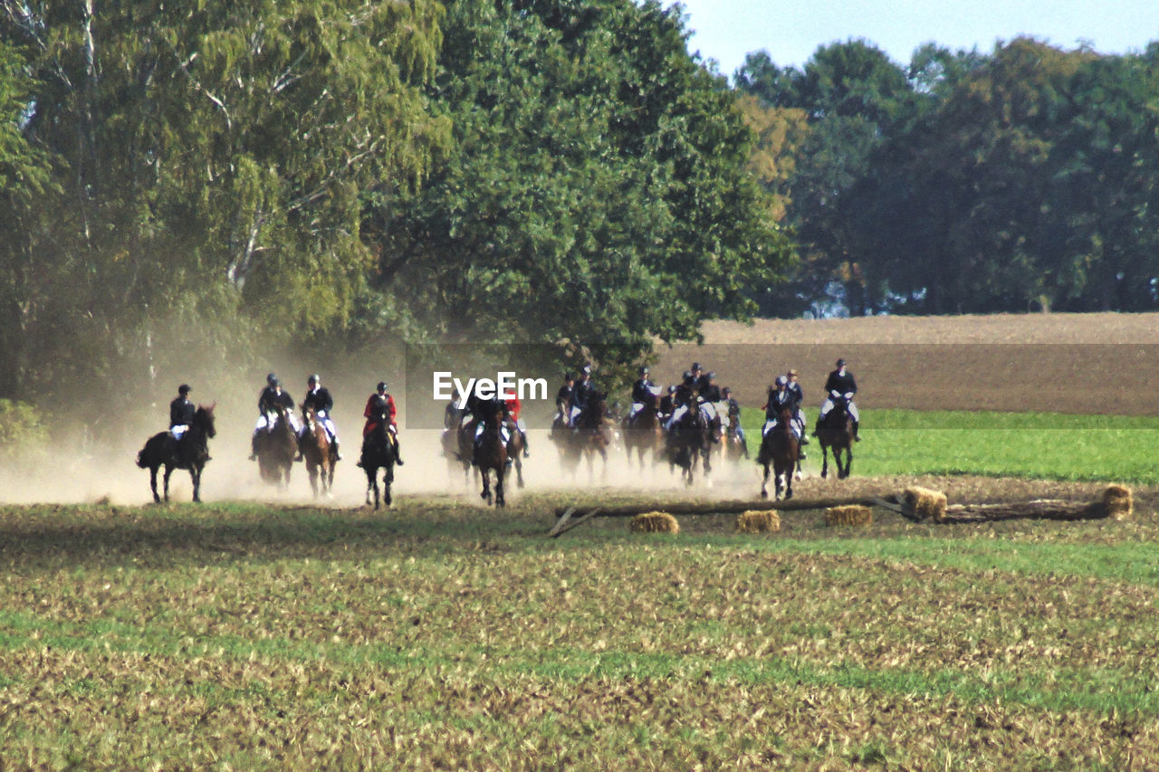 Group of people riding horses on a field at traditional fuchsjagd 