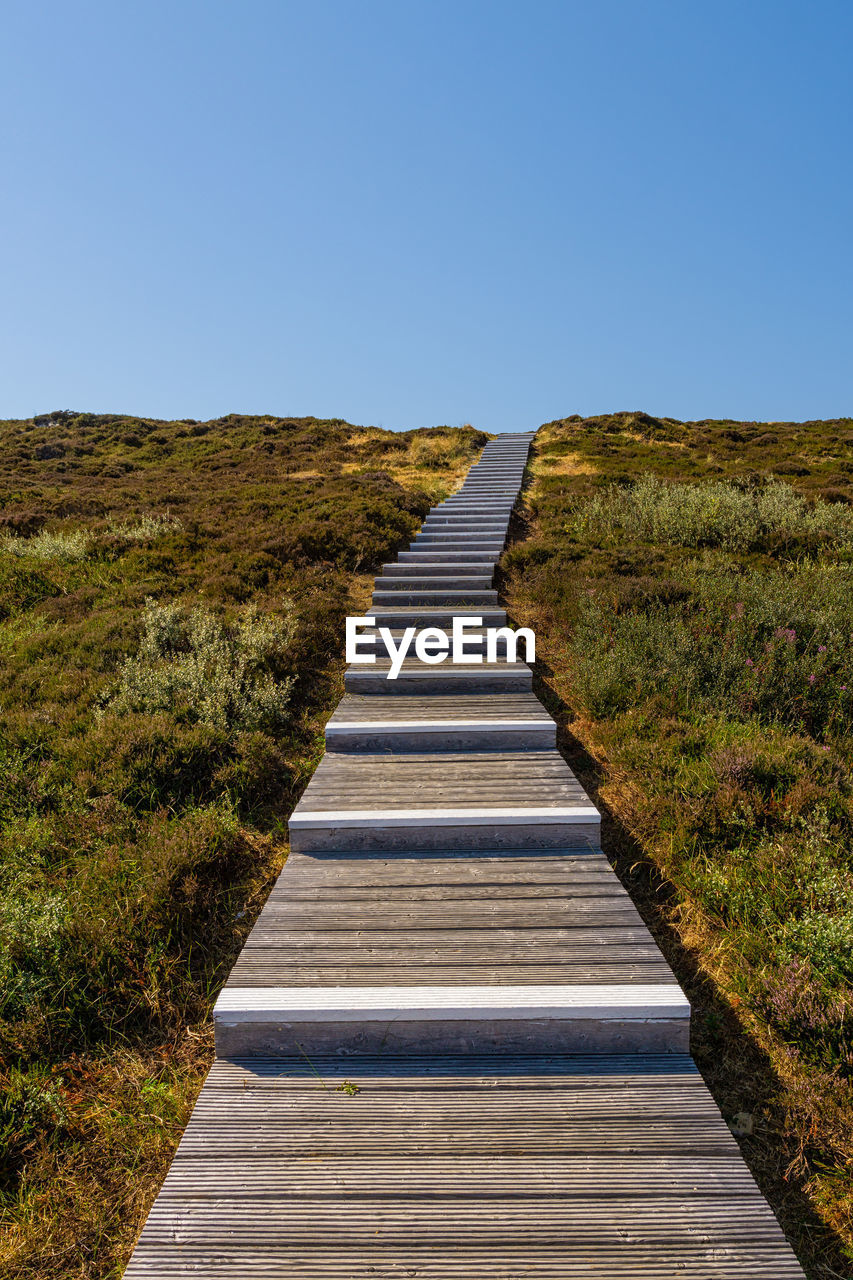 Footpath leading towards landscape against clear blue sky