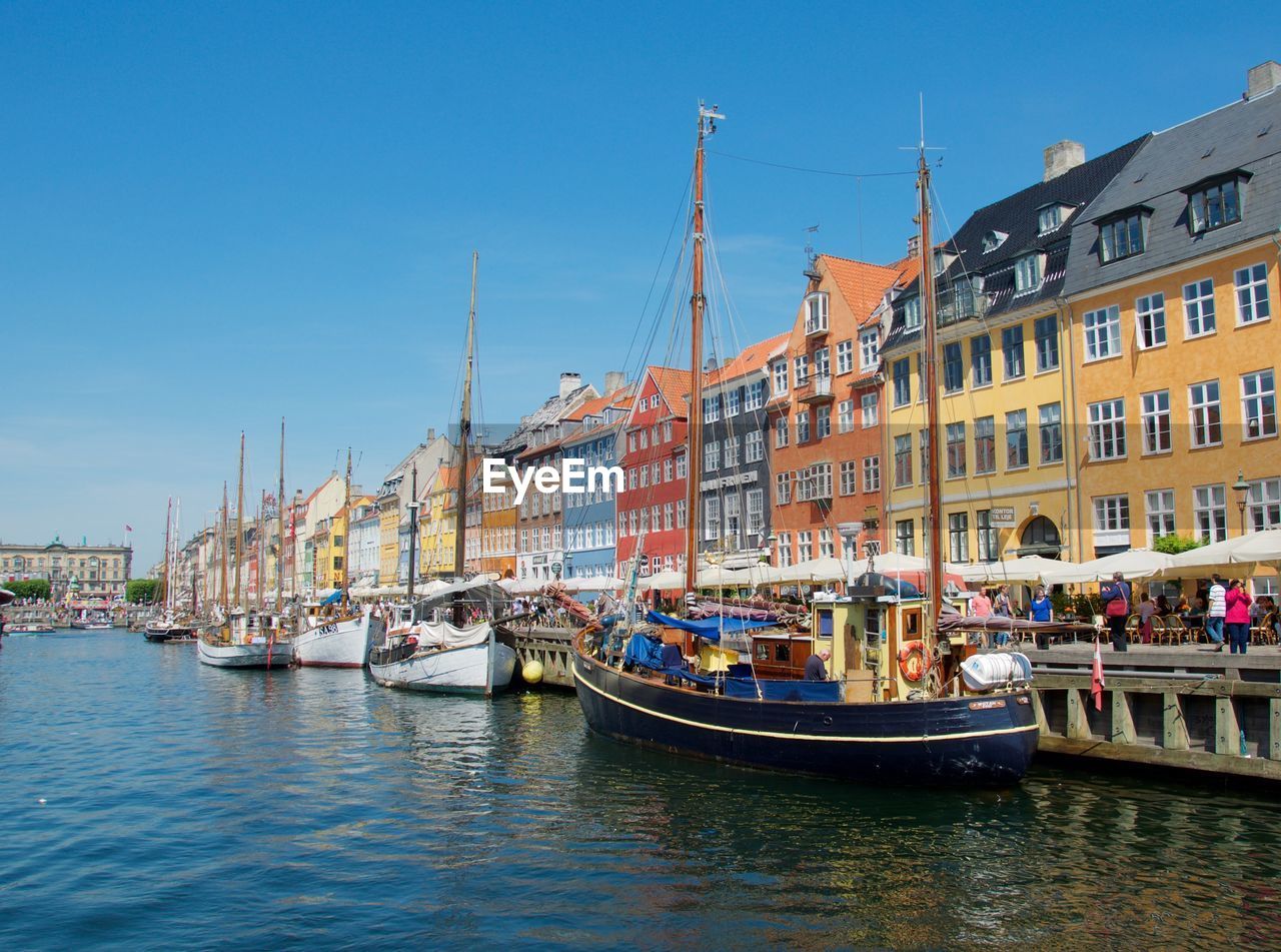 Boats in river with buildings in background