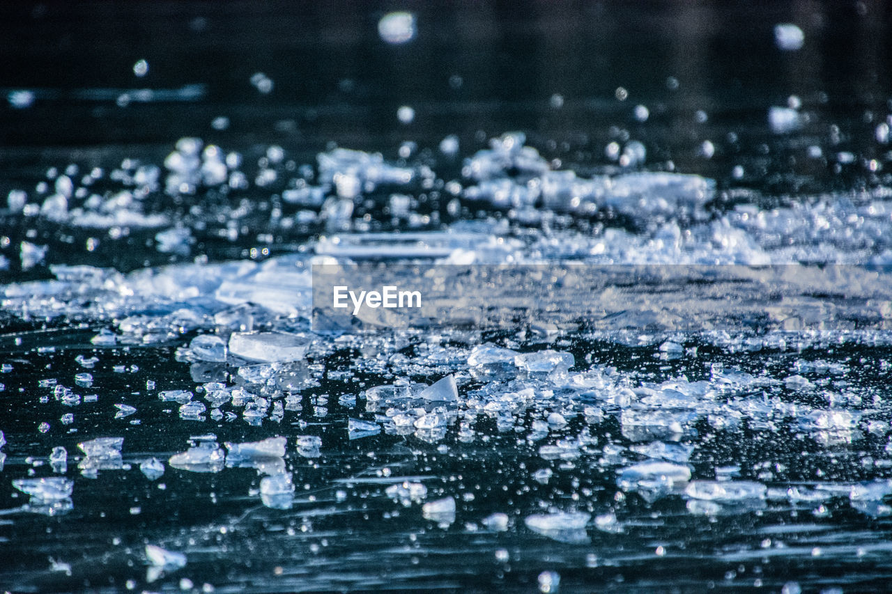 Close-up of broken ice on rink