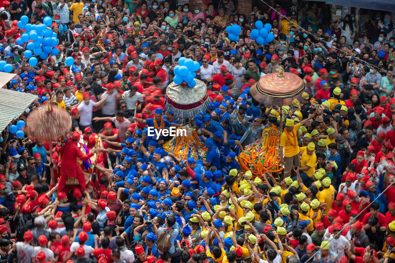 Nepalese devotees carrying the chariot and rotate during celebration of pahachare chariot festival.