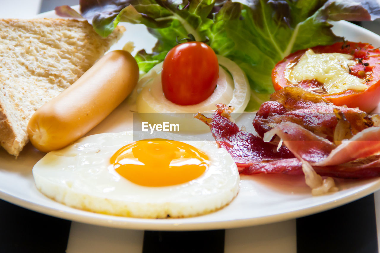 HIGH ANGLE VIEW OF BREAKFAST SERVED ON PLATE