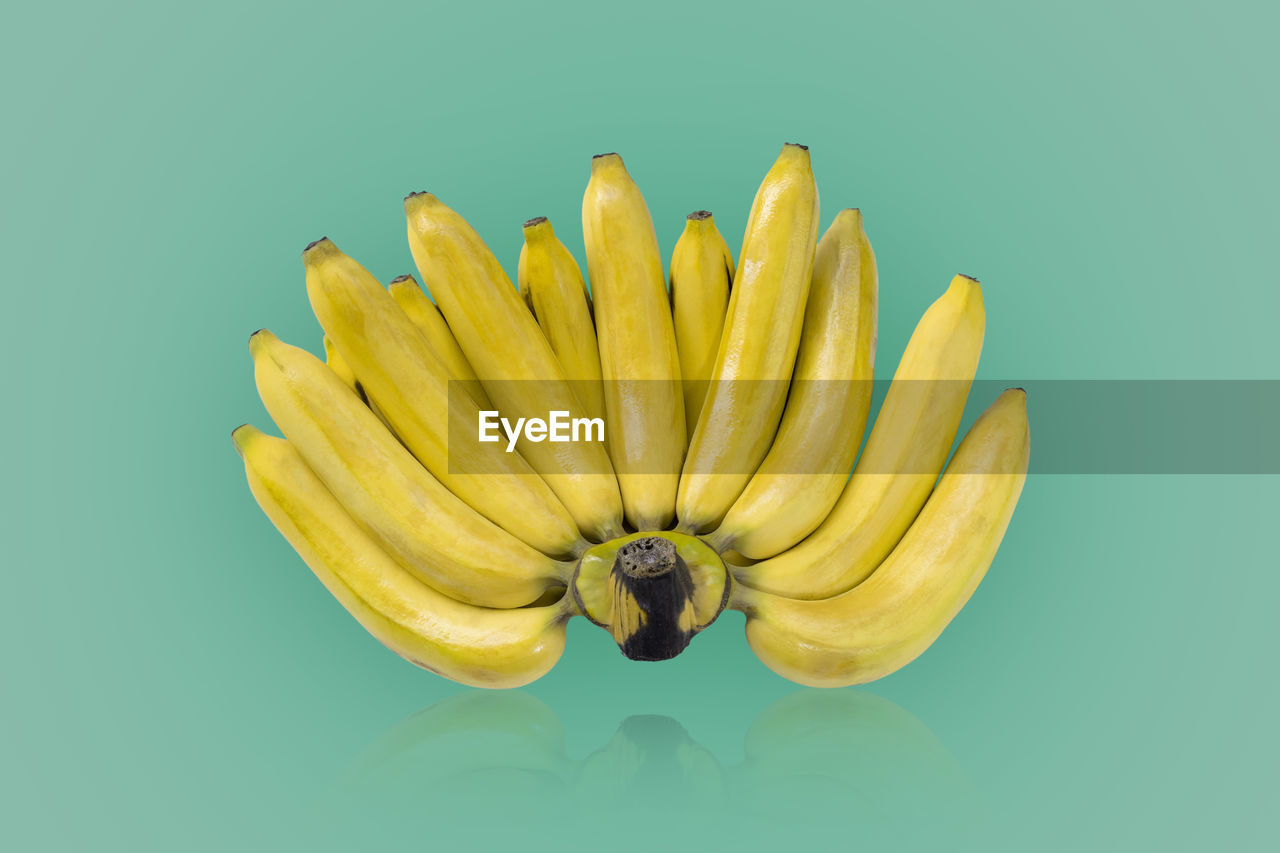Group of yellow color ripe bananas isolated on green colors background.