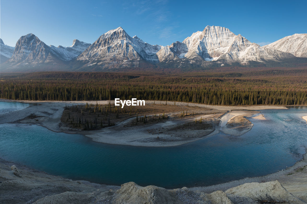 SCENIC VIEW OF LAKE BY MOUNTAIN AGAINST SKY