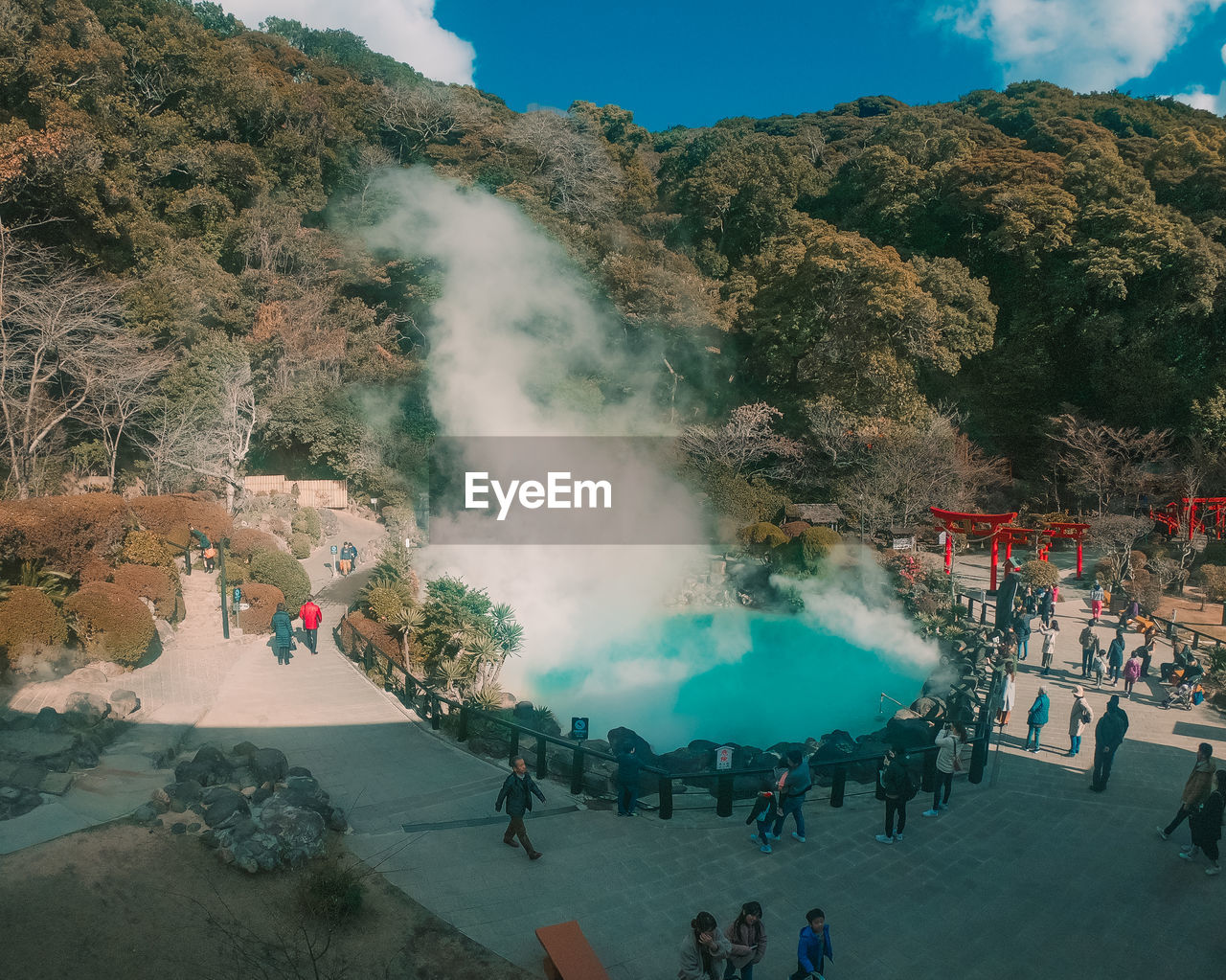 HIGH ANGLE VIEW OF PEOPLE ON MOUNTAIN BY TREES