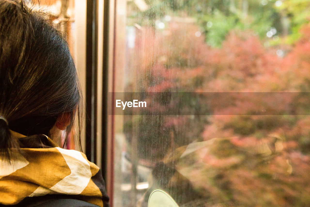 Rear view of woman looking at window