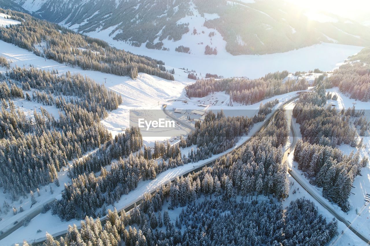 Aerial view of snow covered landscape