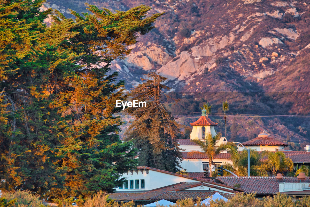 HIGH ANGLE VIEW OF TREES AND BUILDINGS AGAINST MOUNTAIN