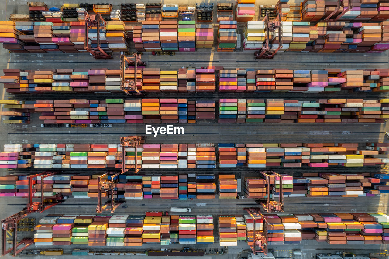Aerial view of shipping containers at dock