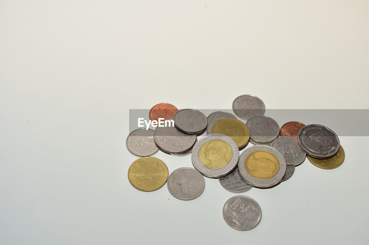 Close-up of coins on white background