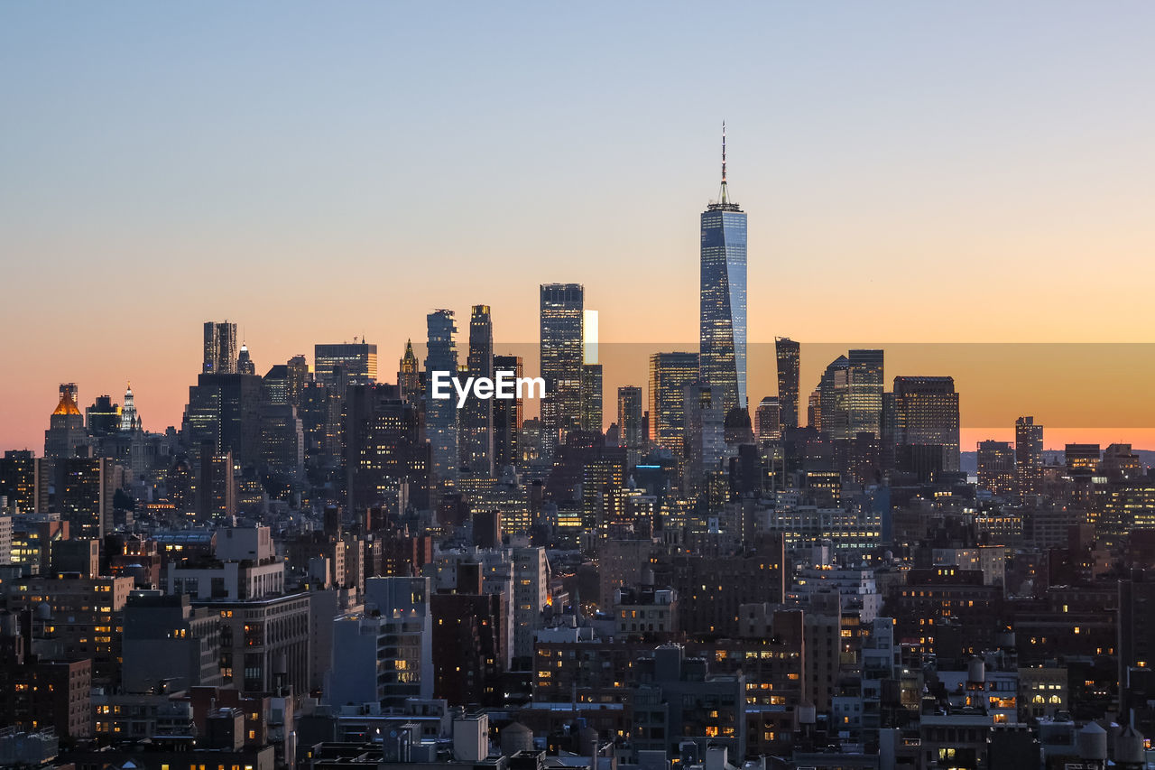 Aerial view of lower manhattan at sunset