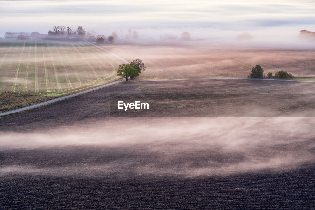 Morning fog in a rural landscape with fields and roads