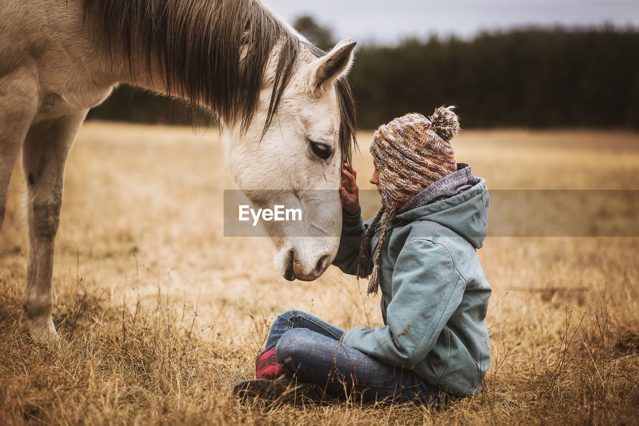 Young girl touching white horse head in field