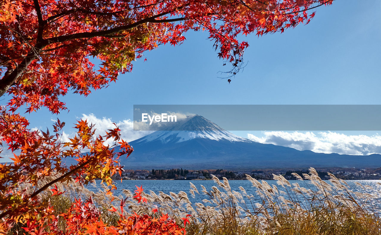 Scenic view of snowcapped mountains against sky during autumn
