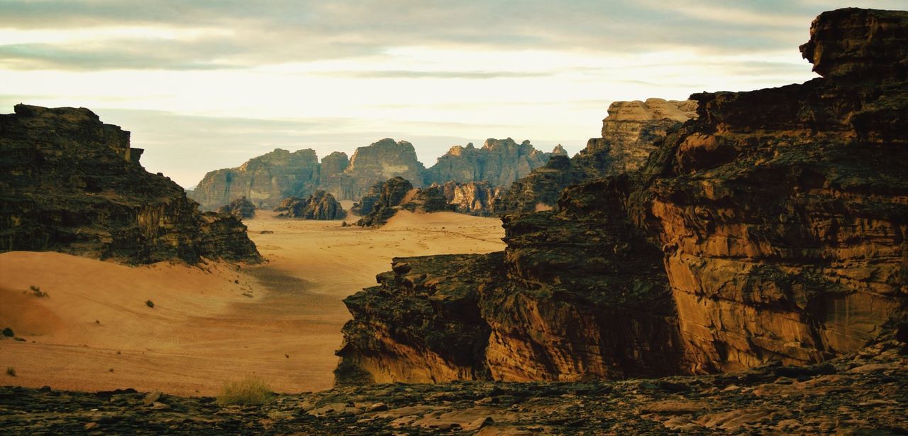 Scenic view of rock formations in wadi rum against sky
