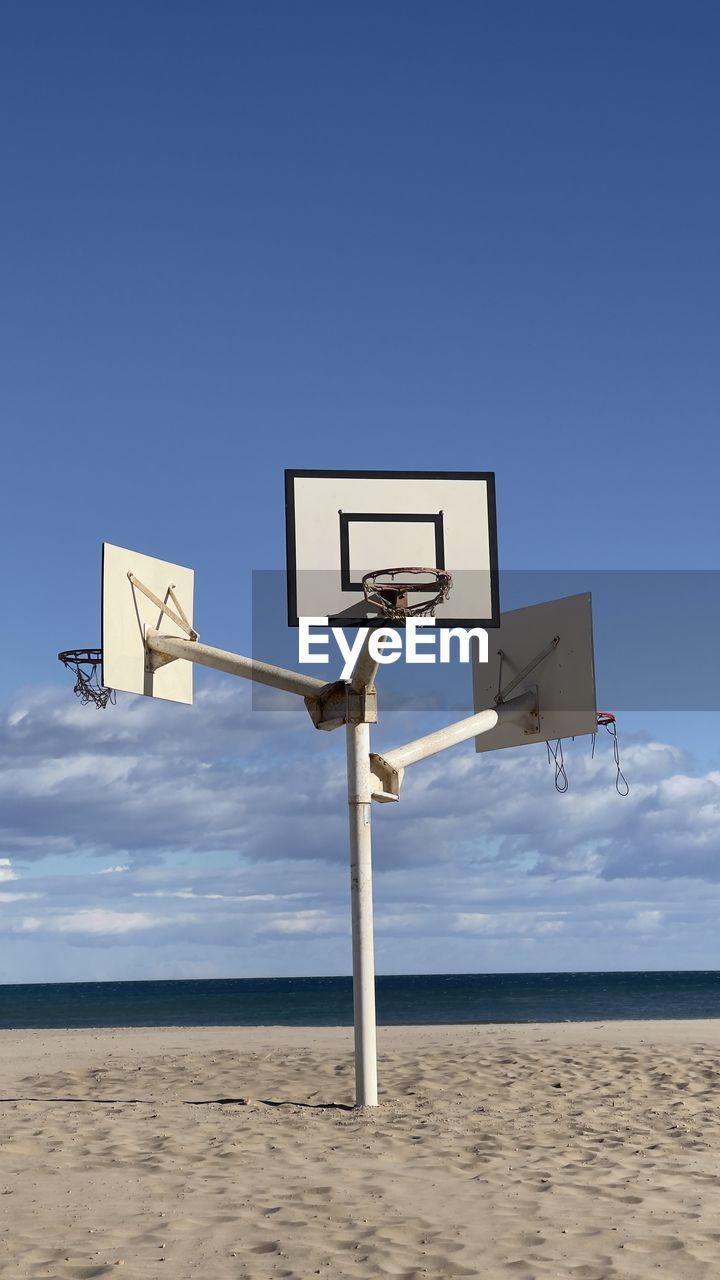 basketball, sky, basketball hoop, blue, land, nature, sports, beach, no people, copy space, day, lighting, clear sky, wind, horizon, outdoors, sand