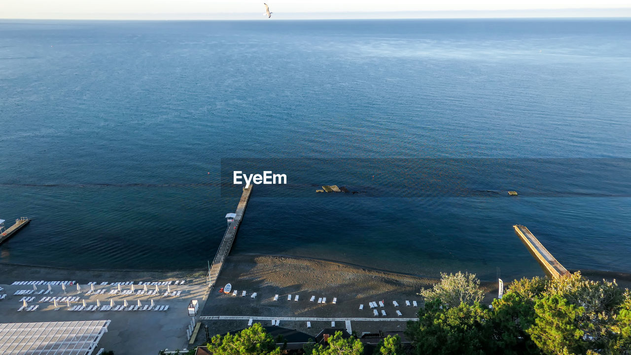 Wide angle aerial panorama of black sea coast in sochi in morning