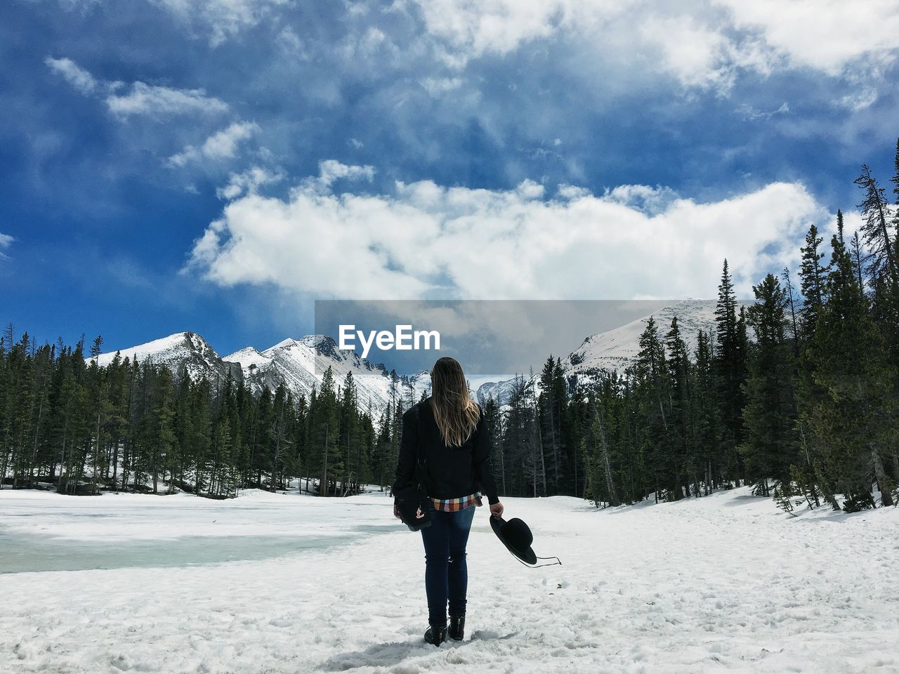 Rear view of woman standing on snow covered field against trees