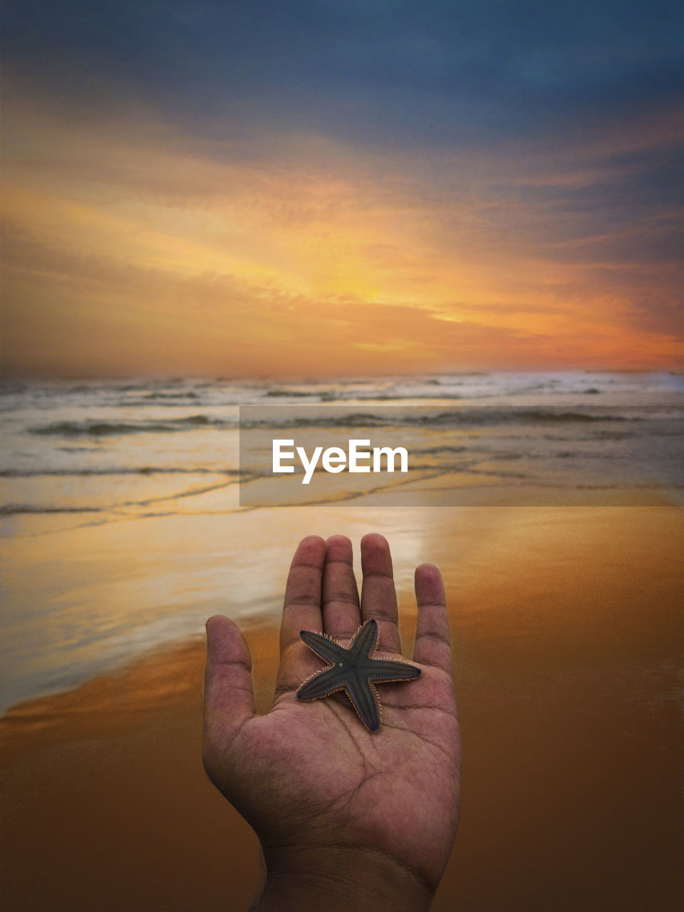 CLOSE-UP OF HAND HOLDING WATER AT BEACH AGAINST SKY