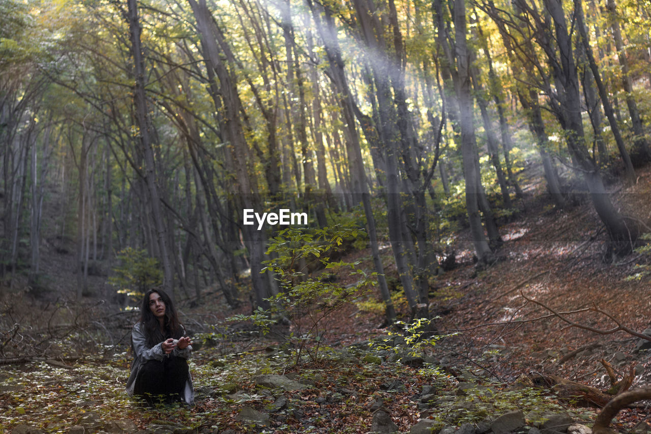 WOMAN AND TREES IN FOREST