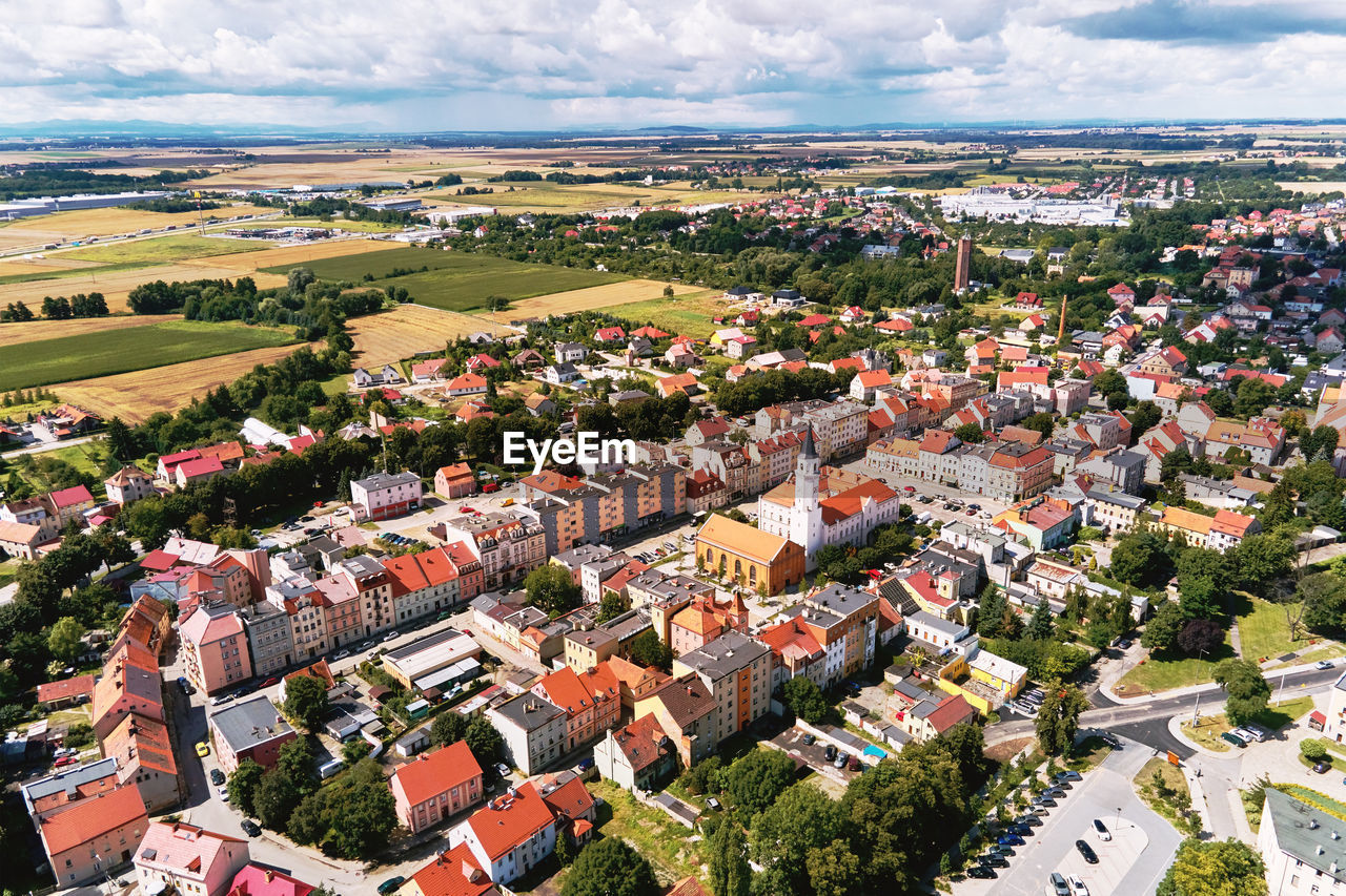 Aerial view of small european town with residential buildings and streets