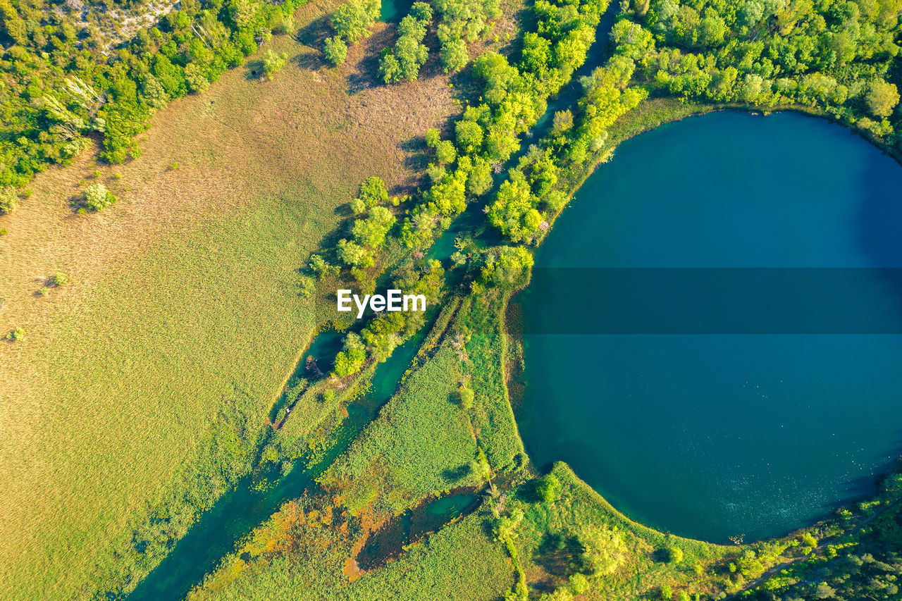 Aerial view of torak lake spring in the cikola river canyon, croatia