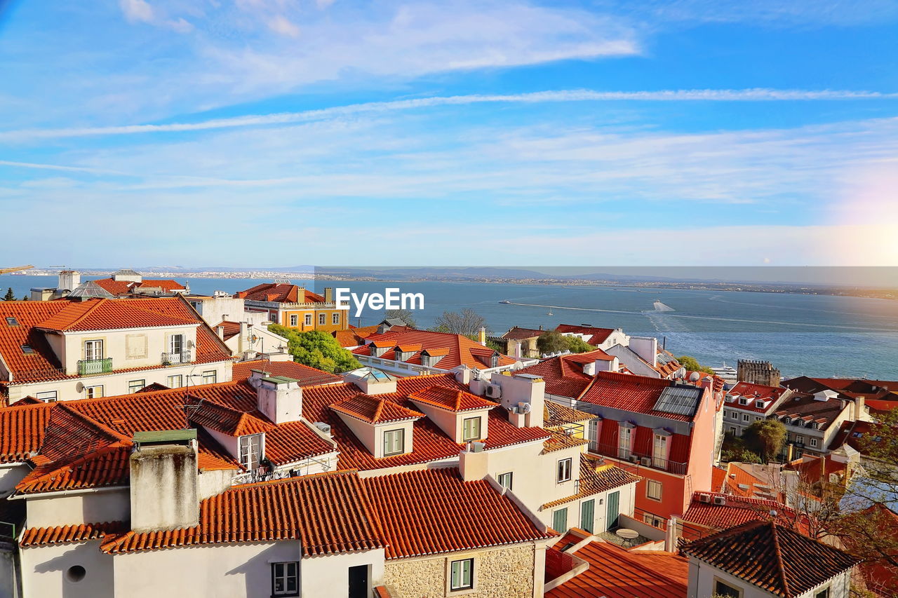 High angle view of townscape by sea against sky