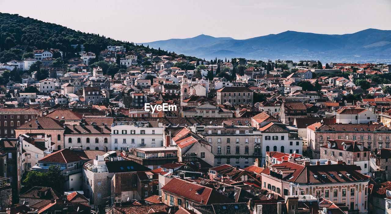 High angle shot of townscape against sky