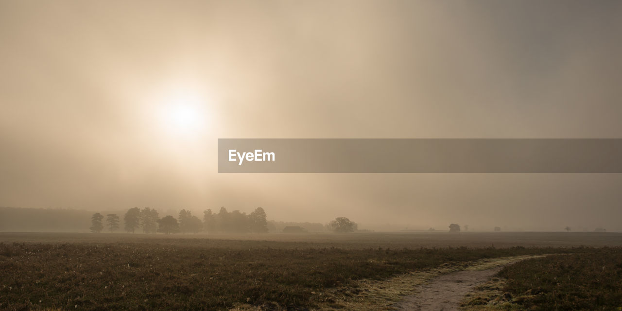 SCENIC VIEW OF AGRICULTURAL FIELD AGAINST SKY DURING FOGGY WEATHER