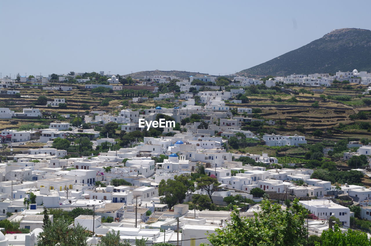 Cityscape against clear sky