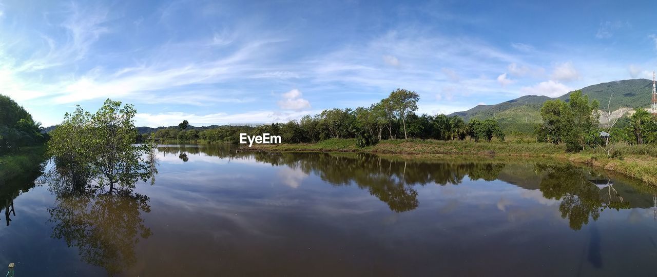 REFLECTION OF TREES IN LAKE AGAINST SKY