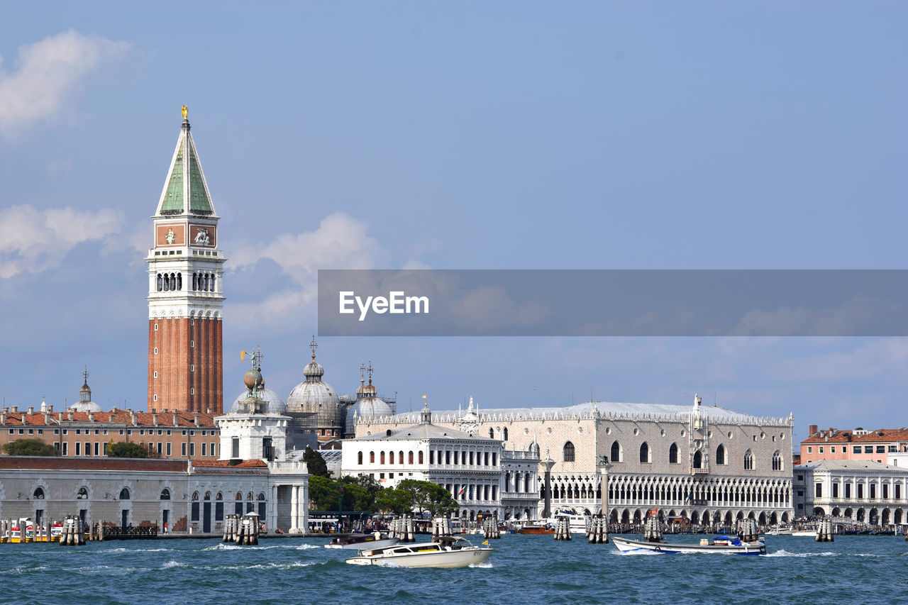 Doge's palace view with st mark's campanile in venice, italy