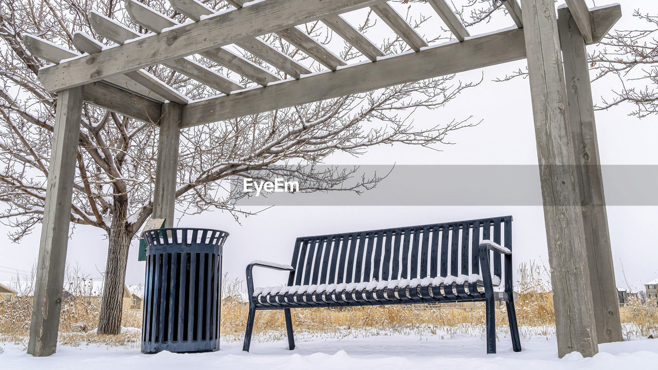 EMPTY BENCH BY BARE TREE AGAINST SKY