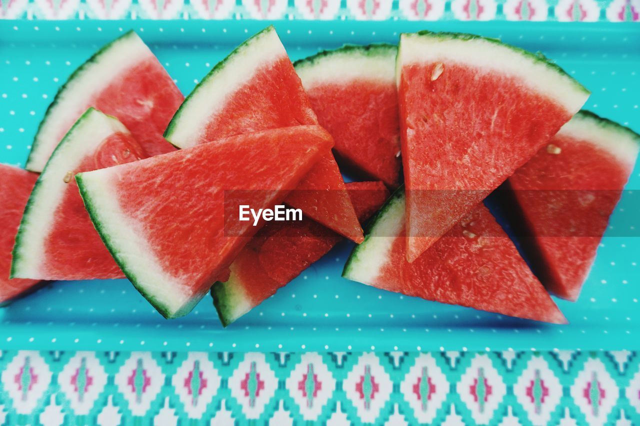 High angle view of watermelon slices in plate