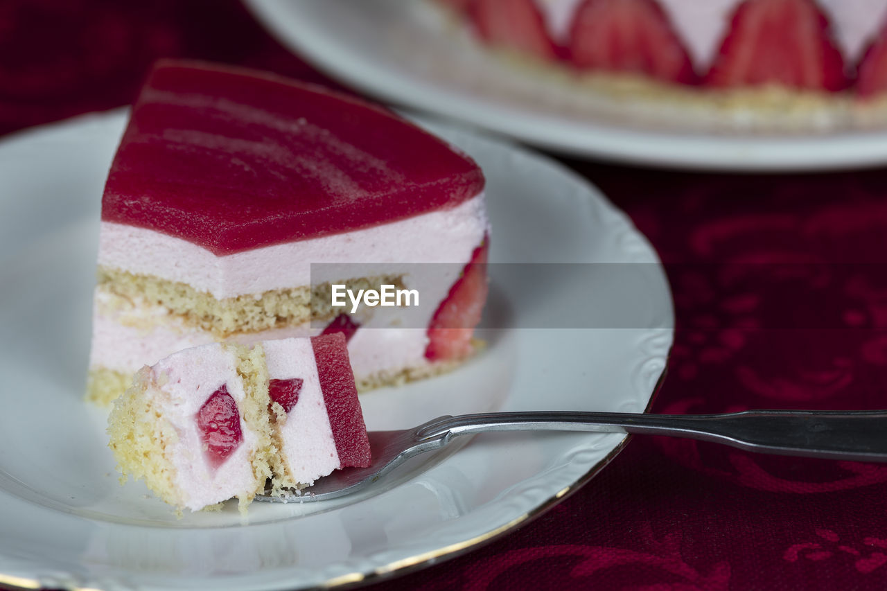 CLOSE-UP OF CAKE SLICE IN PLATE WITH FORK