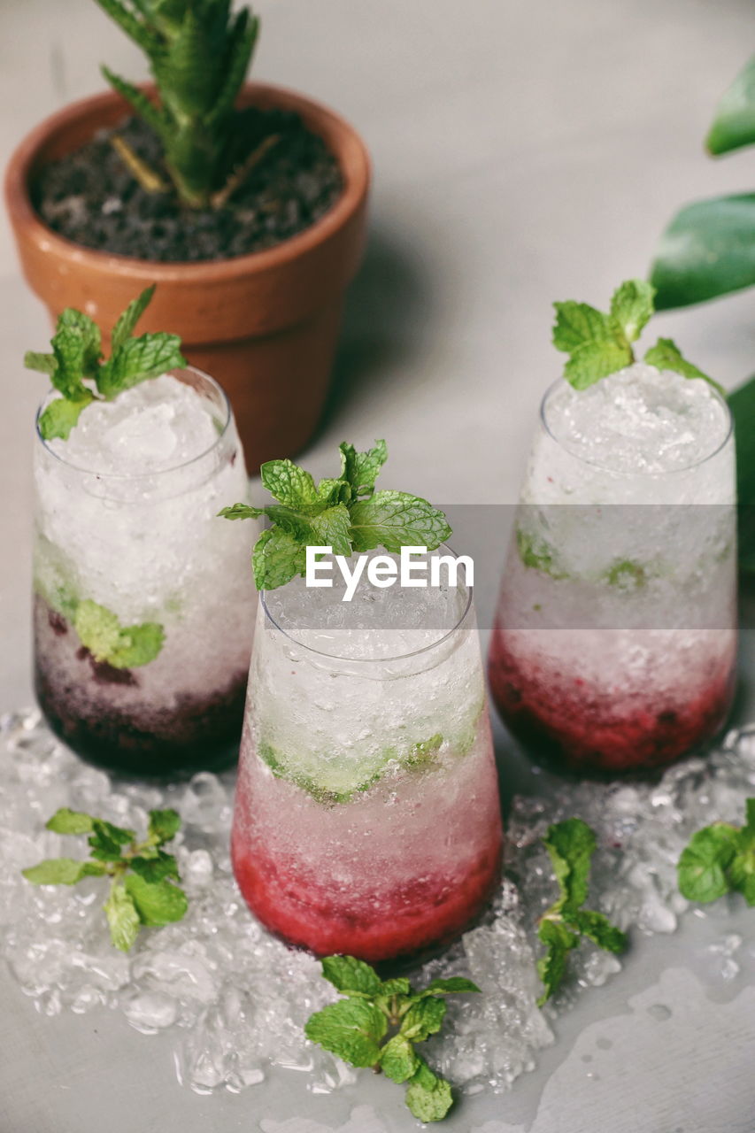 High angle view of drinks on table