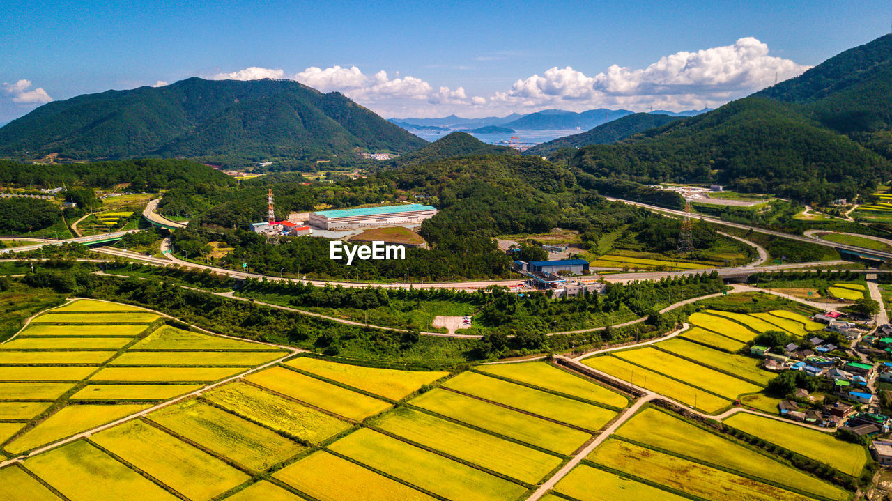 HIGH ANGLE VIEW OF FARM AGAINST SKY