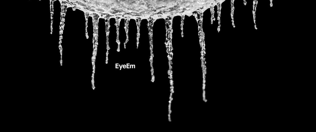 Close-up of icicles hanging against black background