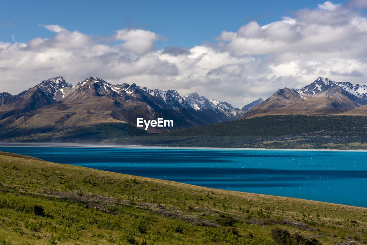 Scenic view of lake by mountains against sky