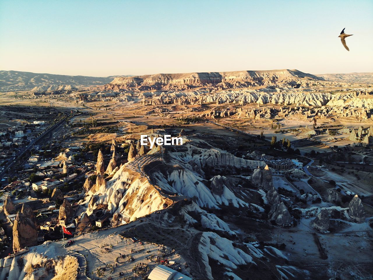 Aerial view of dramatic landscape against clear sky