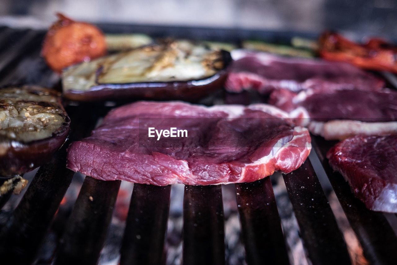 Close-up of meat on barbecue grill