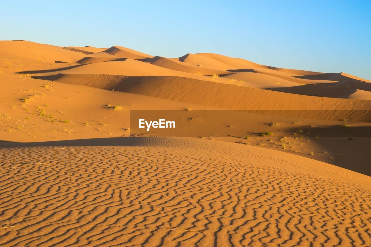 Sand dunes in desert against clear sky