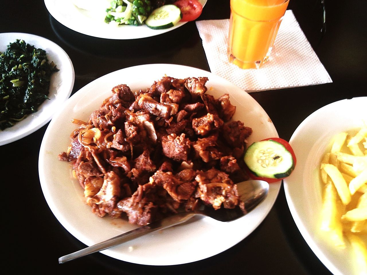 High angle view of meat served in plate on table