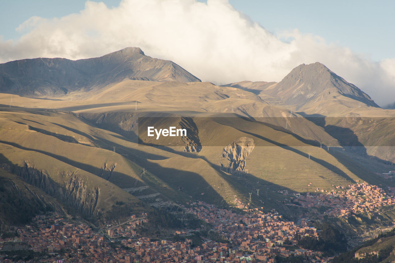 Scenic view of mountains against cloudy sky