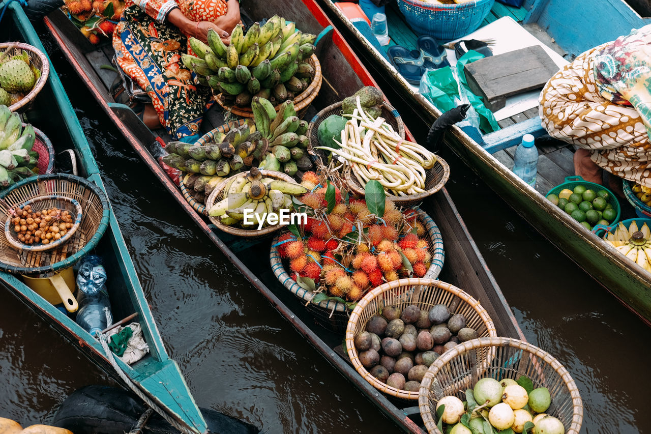 High angle view of food for sale in boat