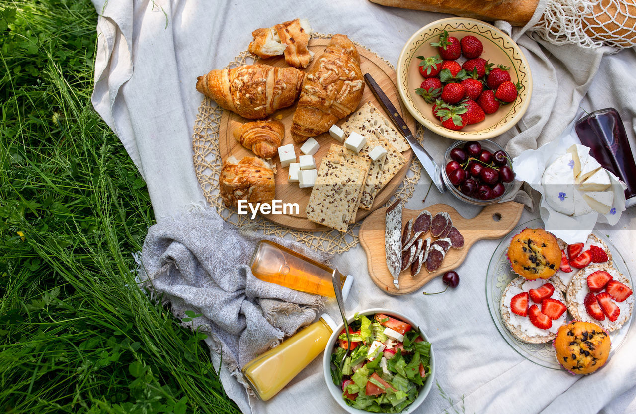 high angle view of food served on table