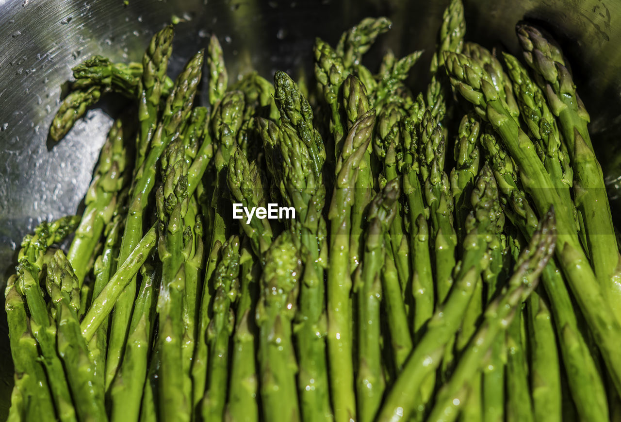 High angle view of cooked vegetables. 